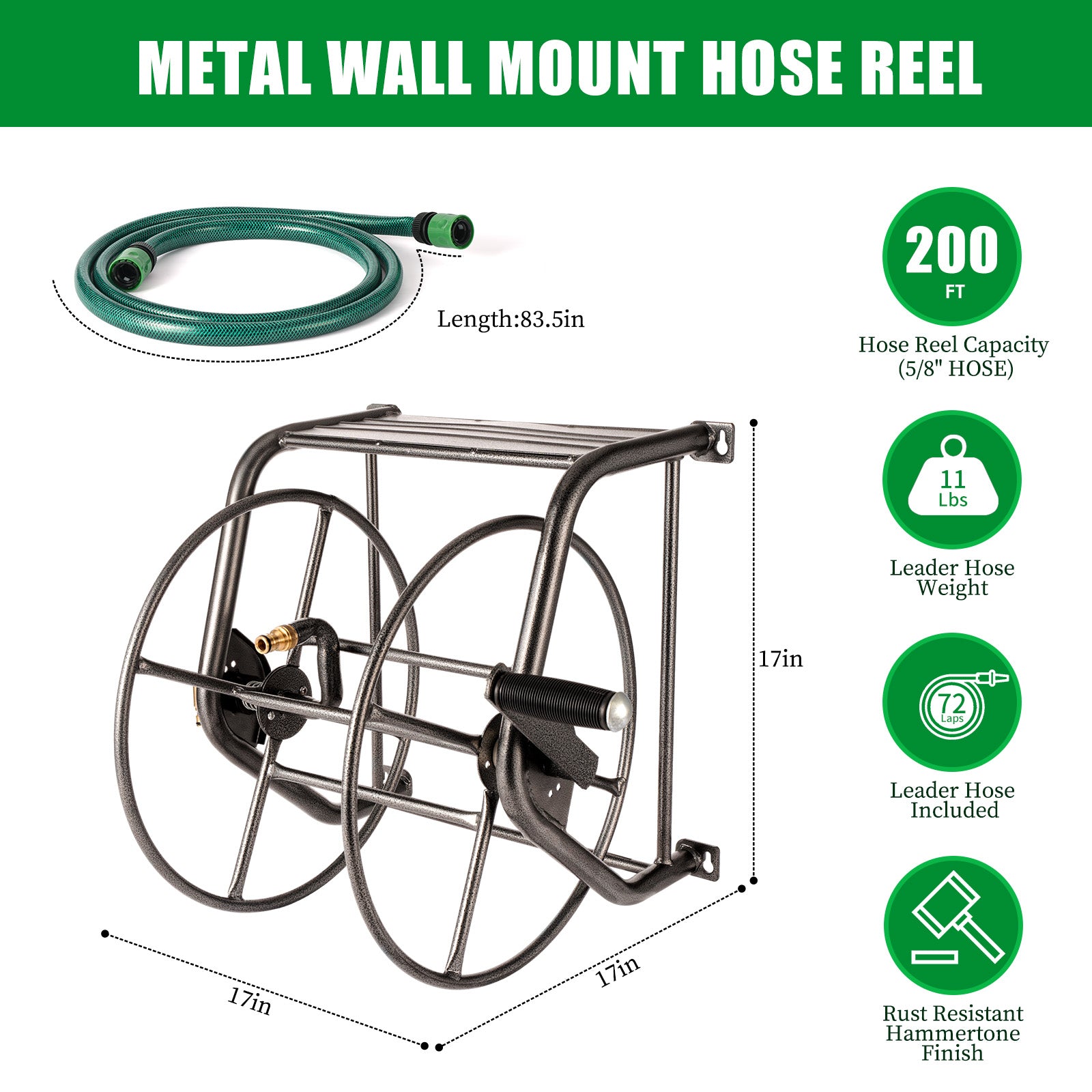 Metal Wall Mounted Hose Reel - Hammertone Grey, 200ft Capacity