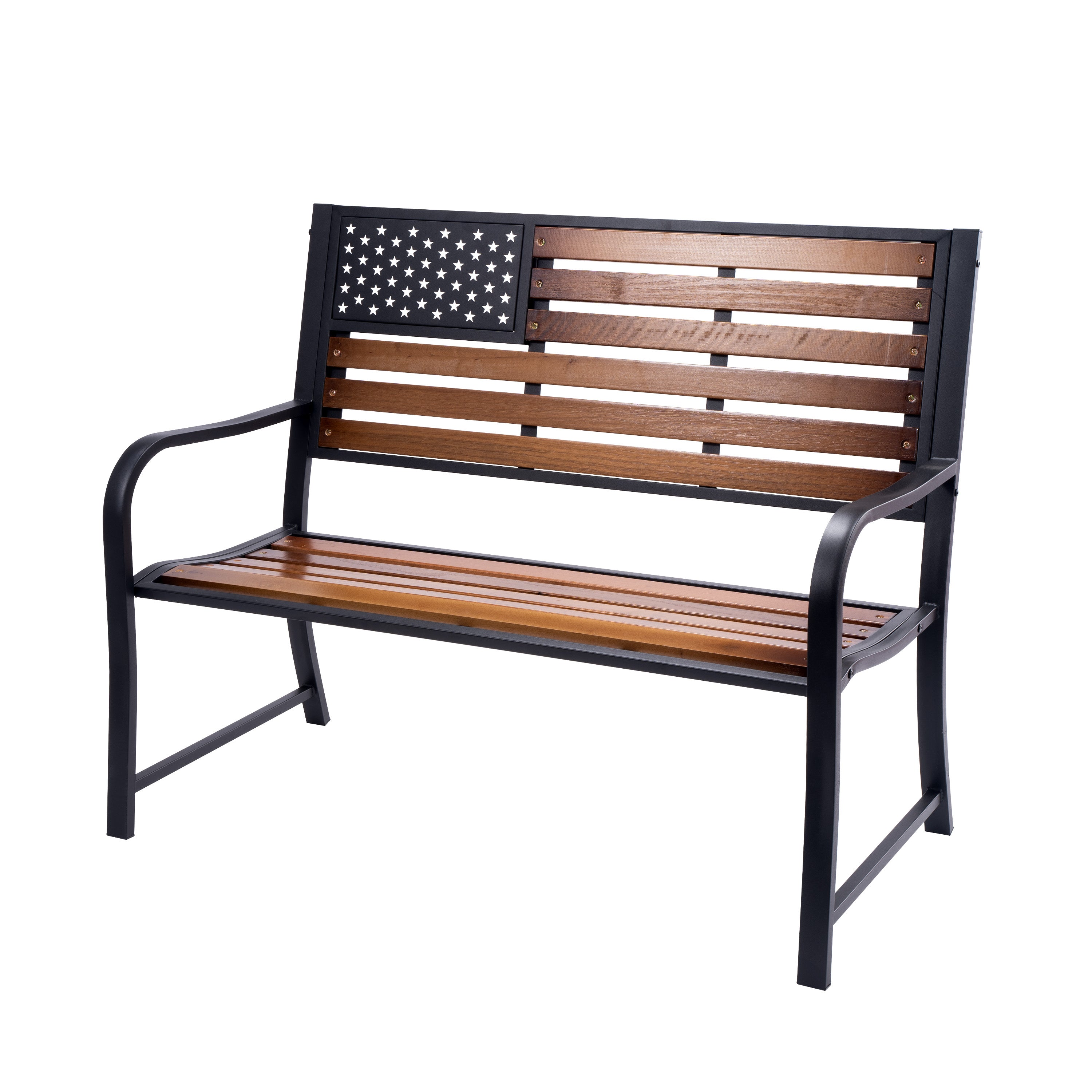 Metal American Flag Porch Bench with Wooden Slats
