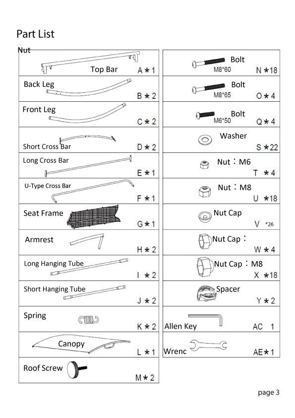 Garden Treasures Swing Replacement Parts