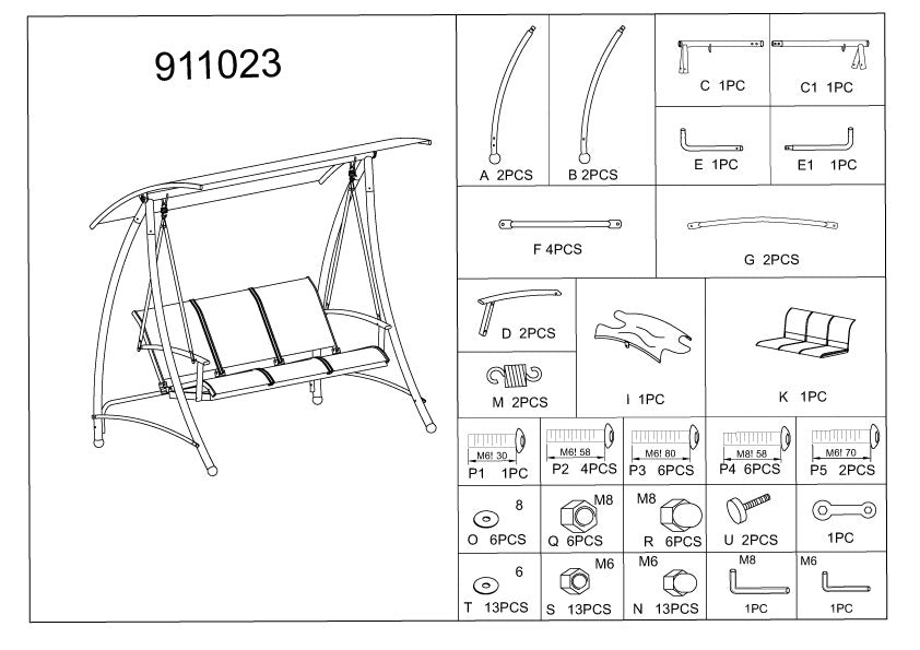 Replacement Parts for 911023 3-Seater Patio Swing with Canopy