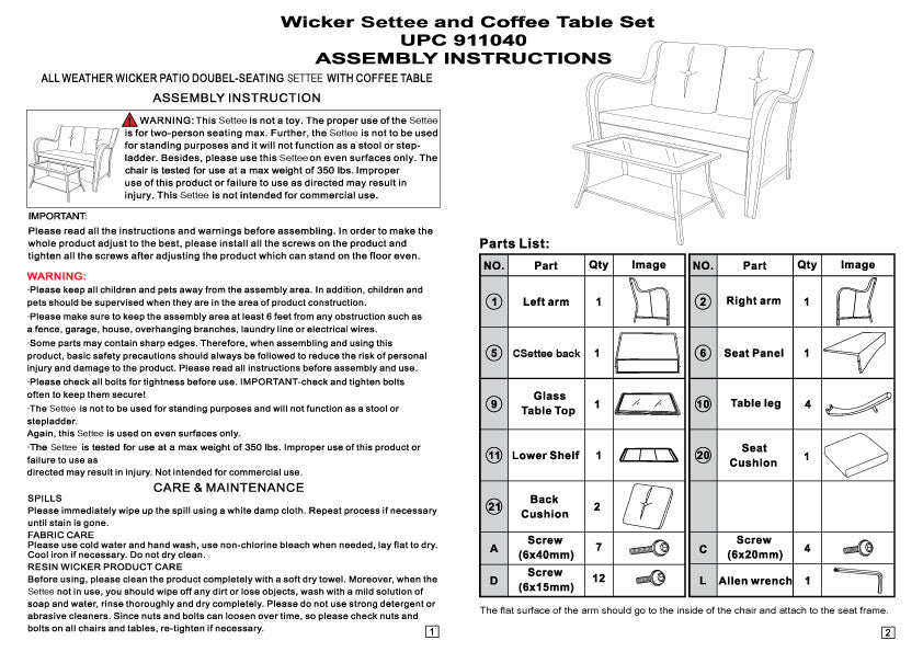 Replacement parts for Wicker Sofa and Coffee Table Set 911040