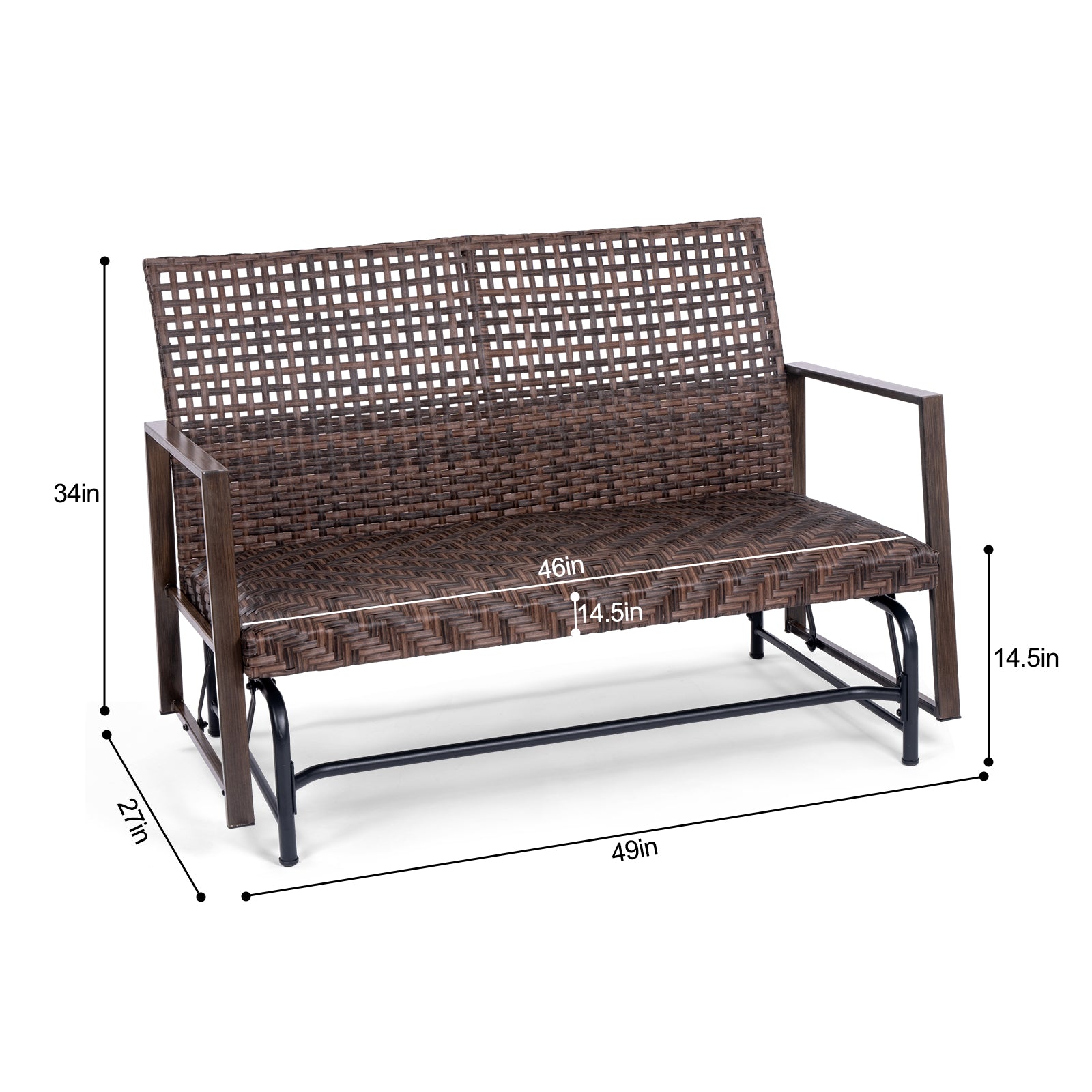 2 Person Wicker Patio Glider with Double Weaved Seat, Powder Coated Aluminum Frame