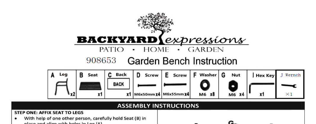 Replacement parts for 908653 Welcome Bench