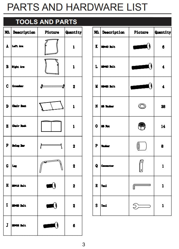 Replacement Parts for Sling Glider Bench 910791