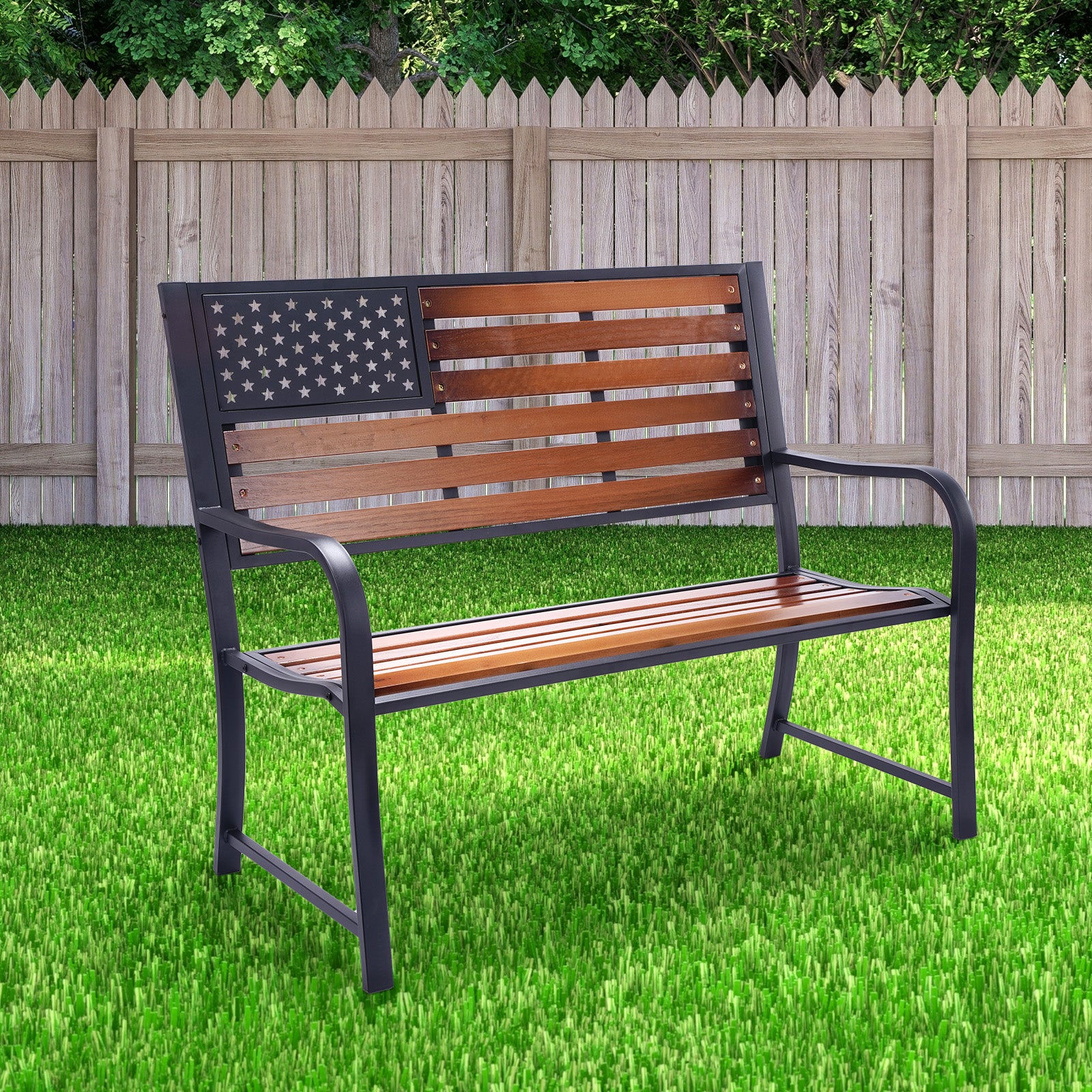 Wood American Flag Porch Bench w/Metal Frame 911388 – Backyard Expressions