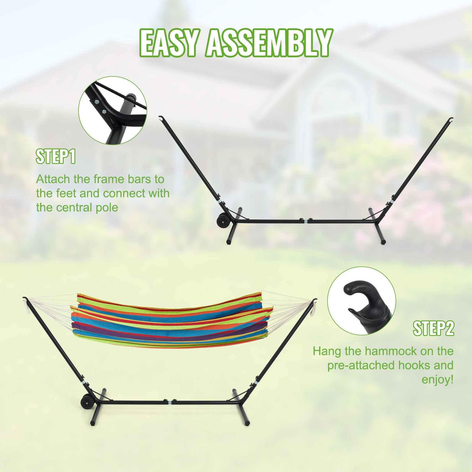 Backyard Expressions Heavy-Duty Steel Hammock Stand with Wheels – Adjustable 9FT Portable Frame for Indoor & Outdoor Use – Weather-Resistant Finish, 450 lb Capacity, Easy No-Tool Assembly 911947