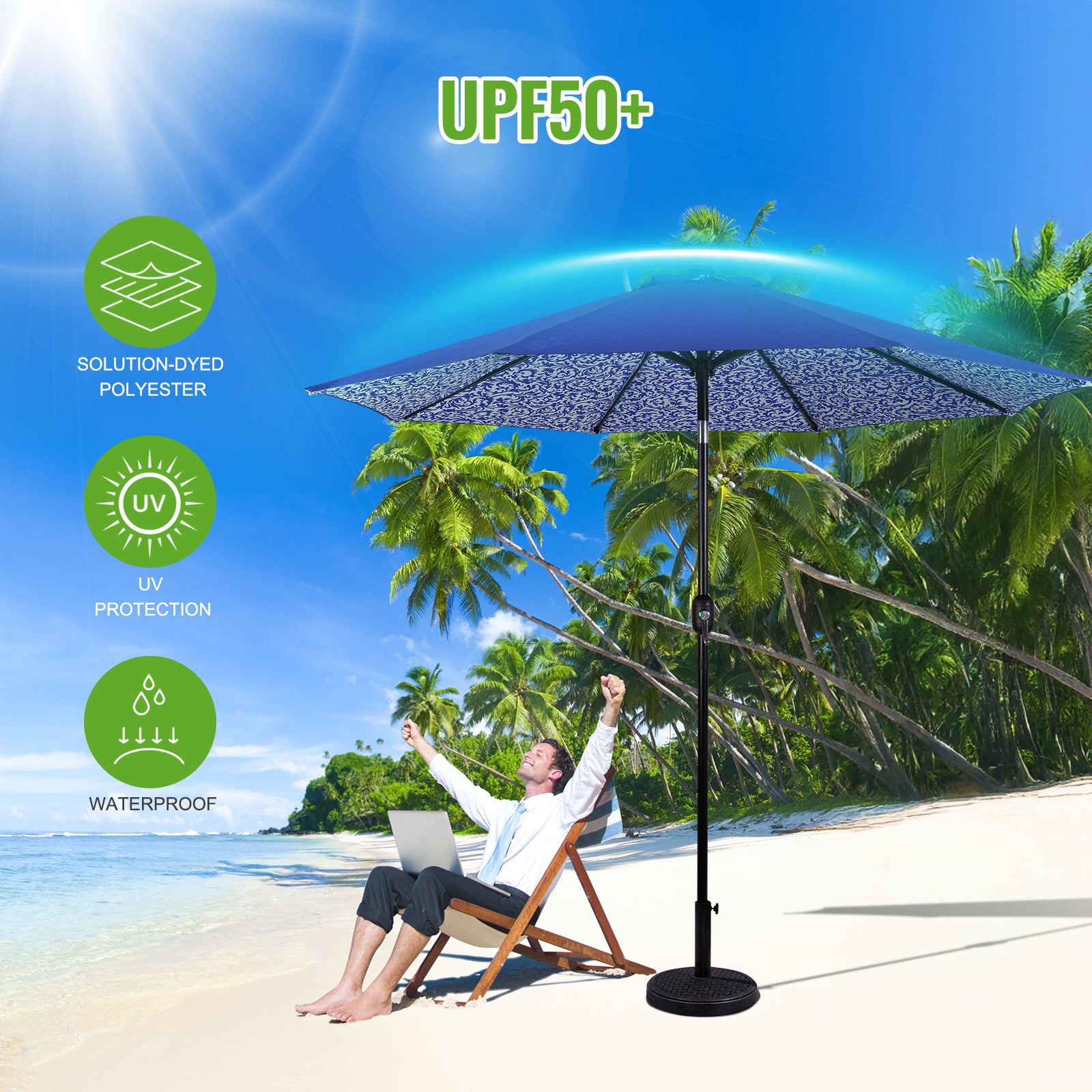 caribbean blue patio umbrella Backyard Expressions 9 ft Patio Umbrella with Push Button Tilt and Crank System, Orange, Polyester Fabric, 8 Sturdy Ribs