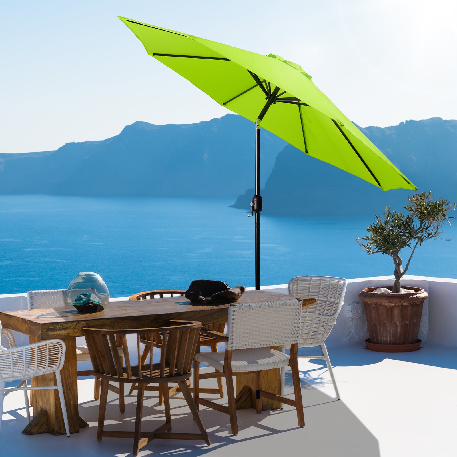 blue and lime green patio umbrella Backyard Expressions 9 ft Patio Umbrella with Push Button Tilt and Crank System, Orange, Polyester Fabric, 8 Sturdy Ribs