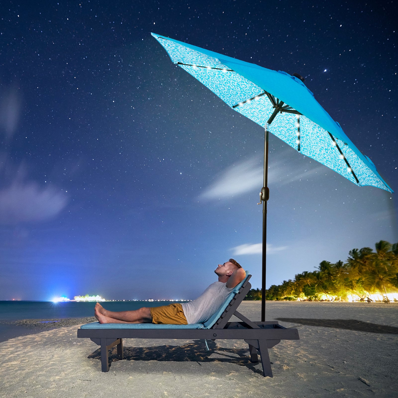 aqua blue patio umbrella with solar lights Backyard Expressions 9ft Solar Patio Umbrella with 32 LED Lights