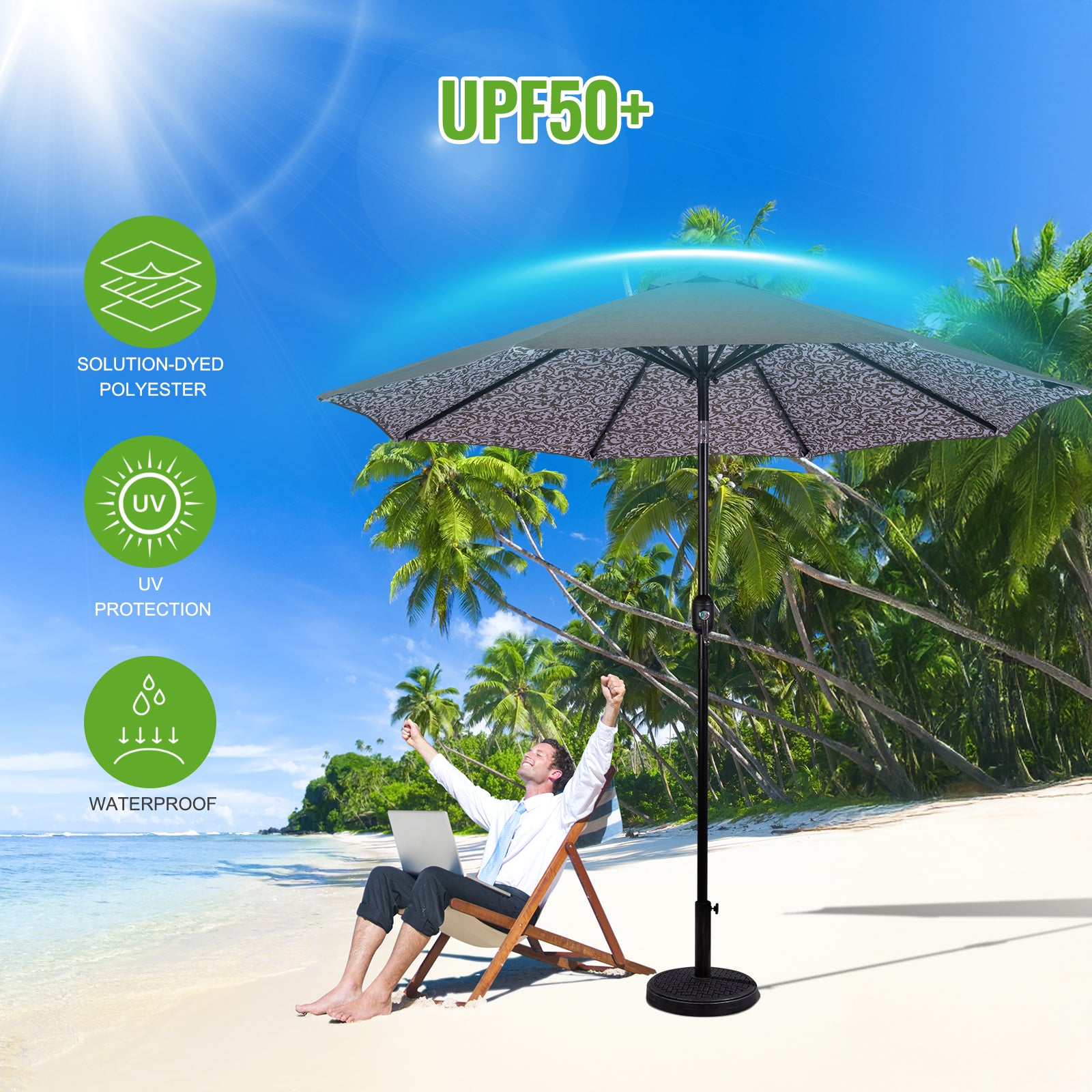 canvas solar patio umbrella Backyard Expressions 9ft Solar Patio Umbrella with 32 LED Lights