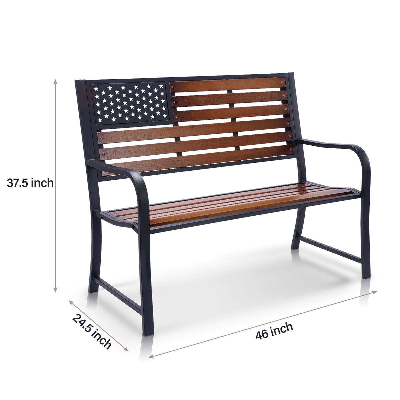 Metal American Flag Porch Bench with Wooden Slats