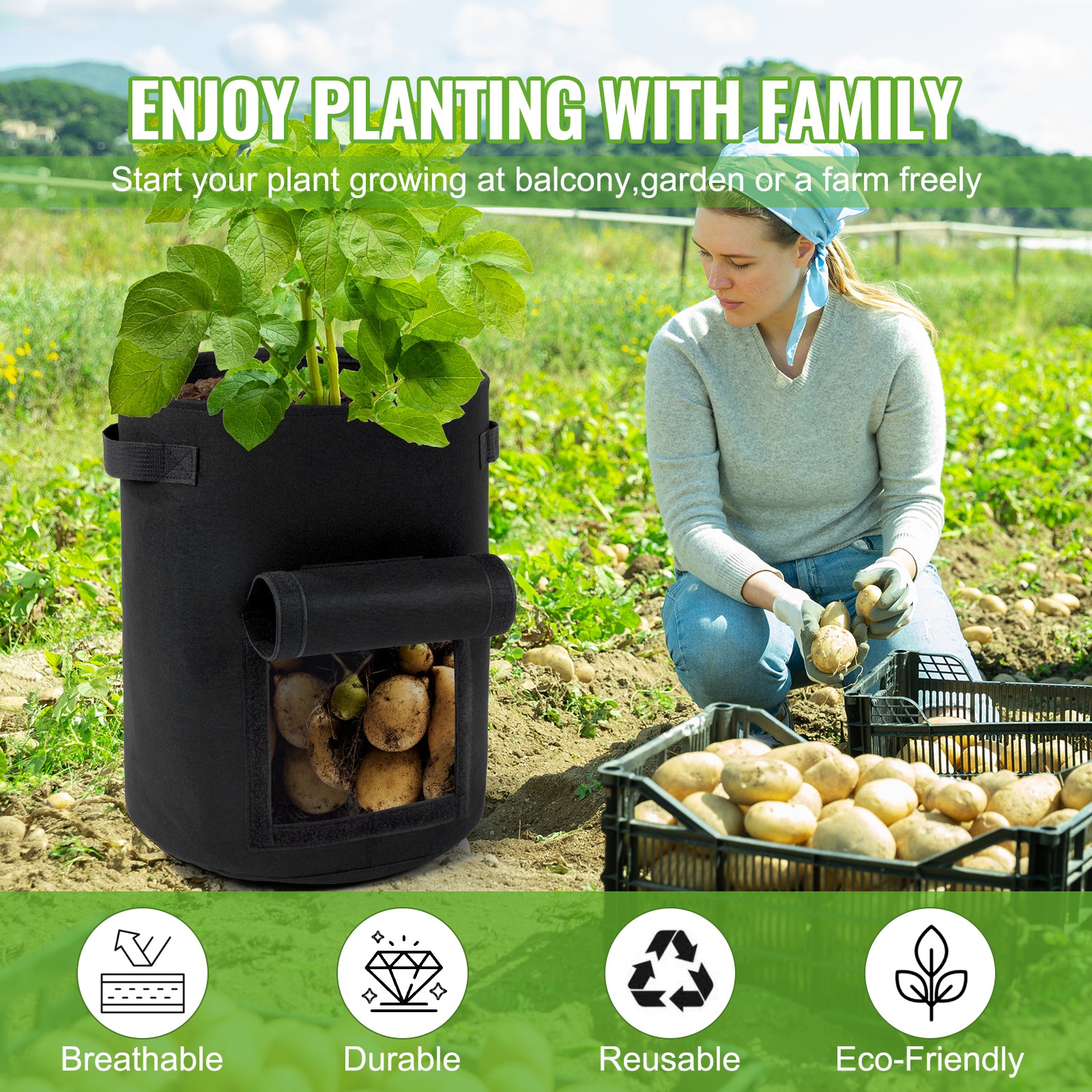 potato grow bag planter Backyard Expressions 10-Gallon Potato Grow Bags – Set of 4 Fabric Planter Bag with Harvest Window & Handles – Reusable, Breathable, Durable for