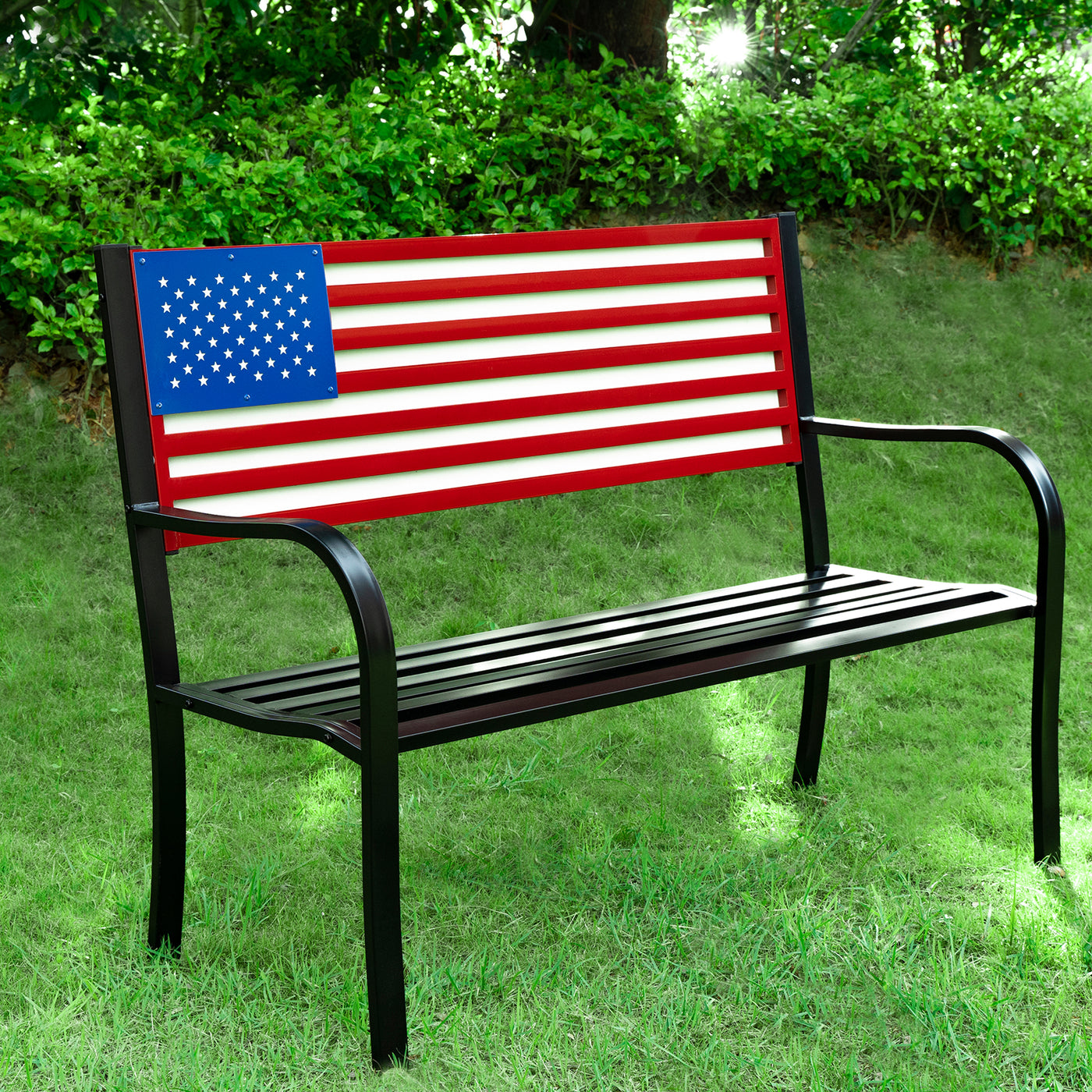 Metal American Flag Patio Front Porch or Park Bench Outdoor, Red/White ...