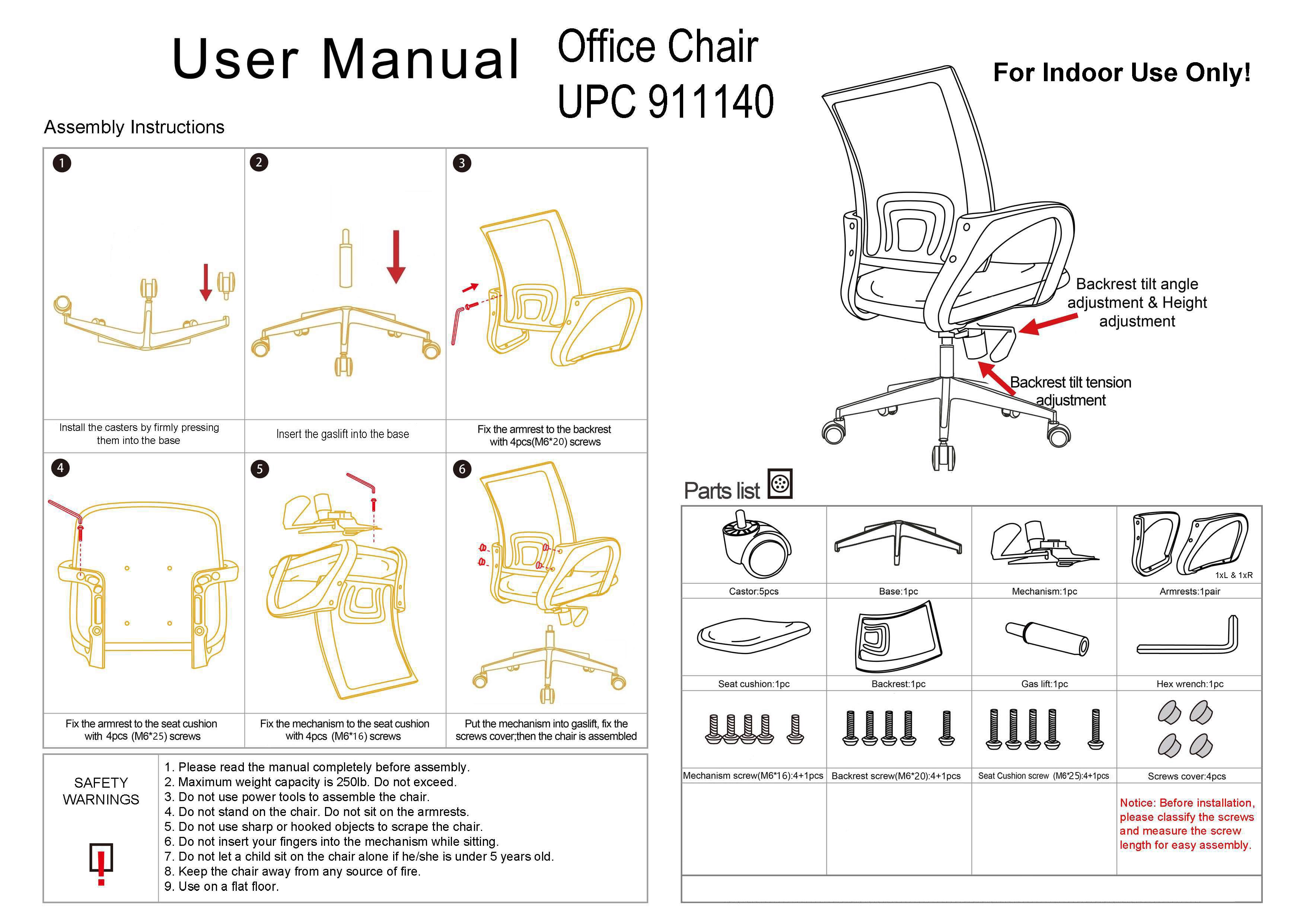 Replacement parts for Office Chair 911140