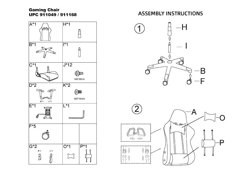 Replacement parts for Gaming Chair - All Black -911049/911168