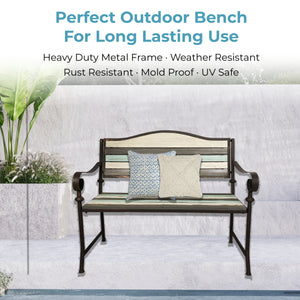 Outdoor Steel and Wood Slat Patio Bench