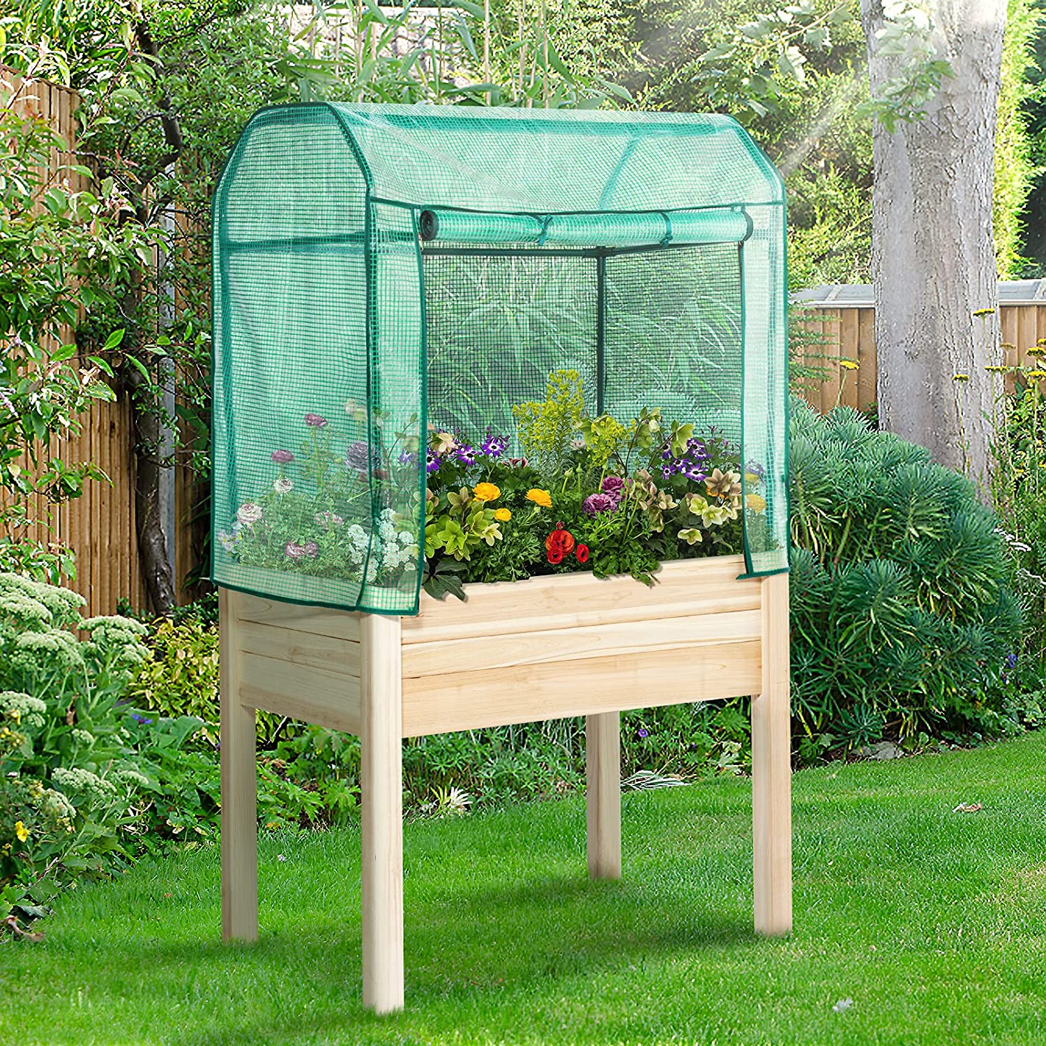Elevated Wood Gardening Bed with Green House Cover