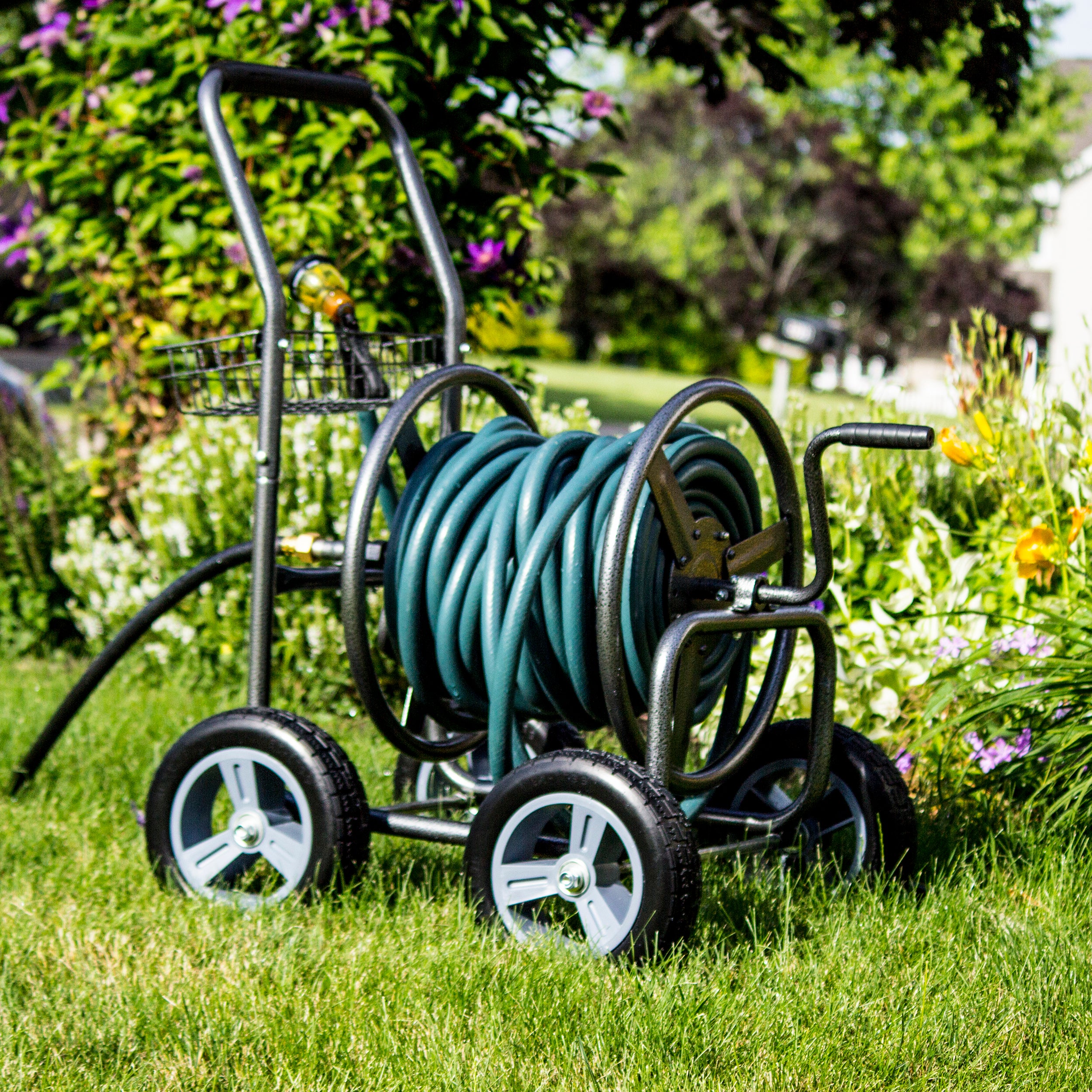 Glitzhome 36 4-Wheel Steel Garden Hose Reel Cart w/ Basket 