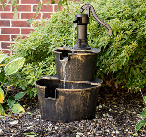 Two-Tier Plastic Resin Barrel Fountain with Pump