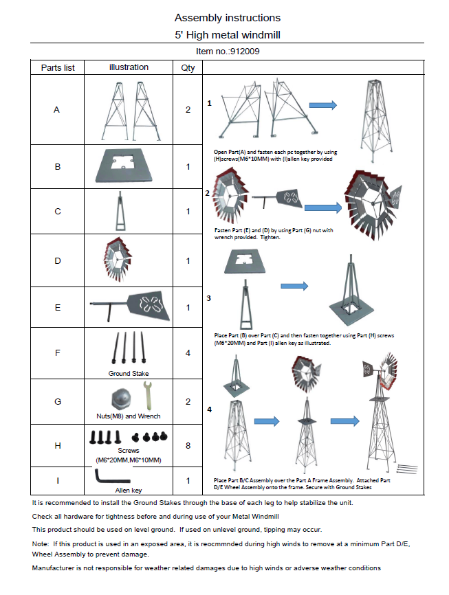 Replacement parts for 912009 Metal Windmill 5' High Backyard Expressions
